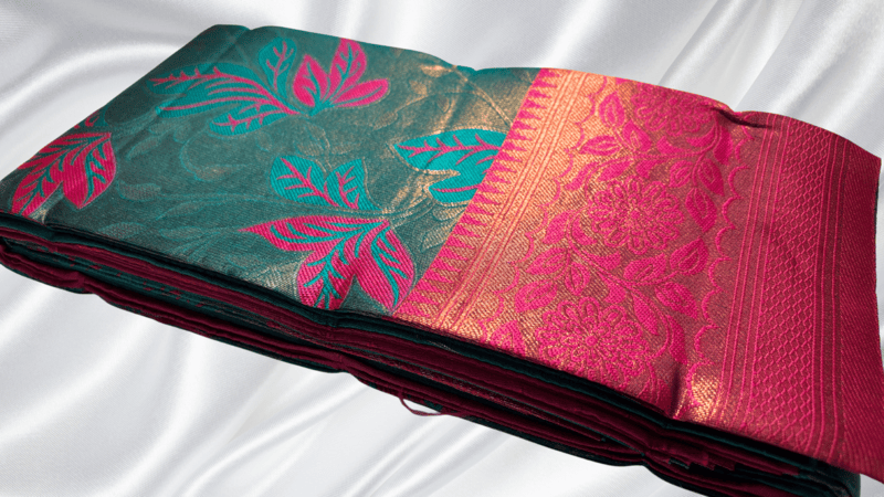 Kubera Pattu Copper Jari Saree - Pine Green & Rani Pink