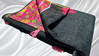 Kalankari Linen Cotton Saree - Black Kalankari Linen Cotton Saree - Black