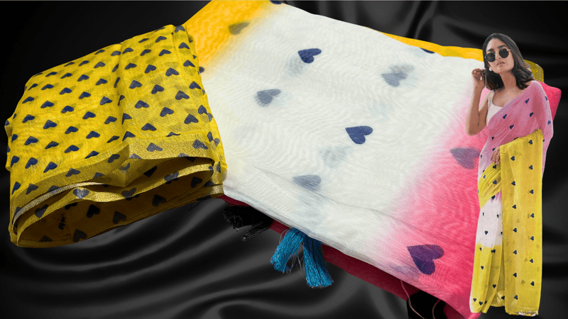 Tip Top Chanderi Cotton Saree - Yellow Pink Heart