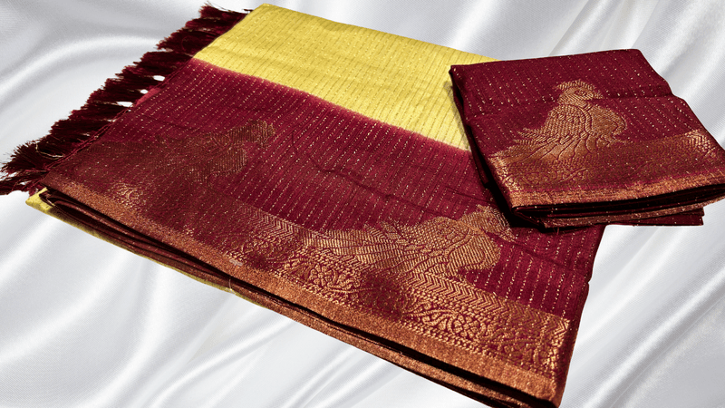 Parrot Gold Line Fancy Silk Saree - Sandal & Maroon