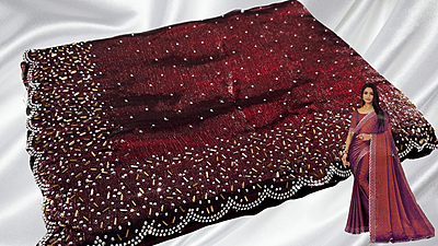 Space Silk Cut Stone Work Designer Saree - Dark Maroon