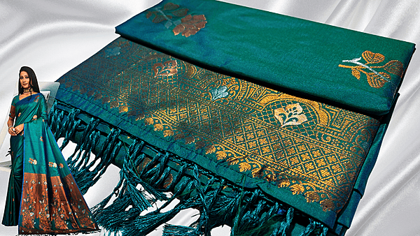 Lotus Fancy Soft Silk Saree - Peacock Green