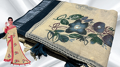 Linen Aari Work Sandal Saree - Dark Blue