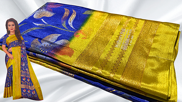 Mulberry Dual Gold Foil Saree - Ink & Mustard