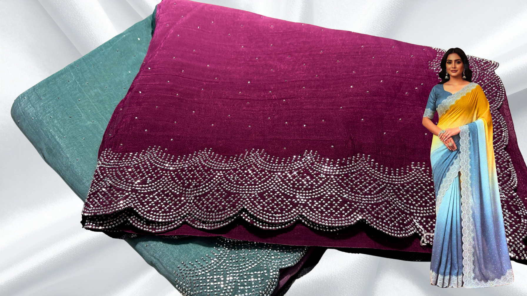 Crunchy Siroski Dual Color Saree - Blue Gray & Magenda