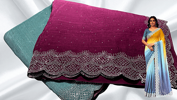 Crunchy Siroski Dual Color Saree - Blue Gray & Magenda