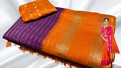 Kaveri Dual Retta Patta Silk Saree - Dark Plum & Orange