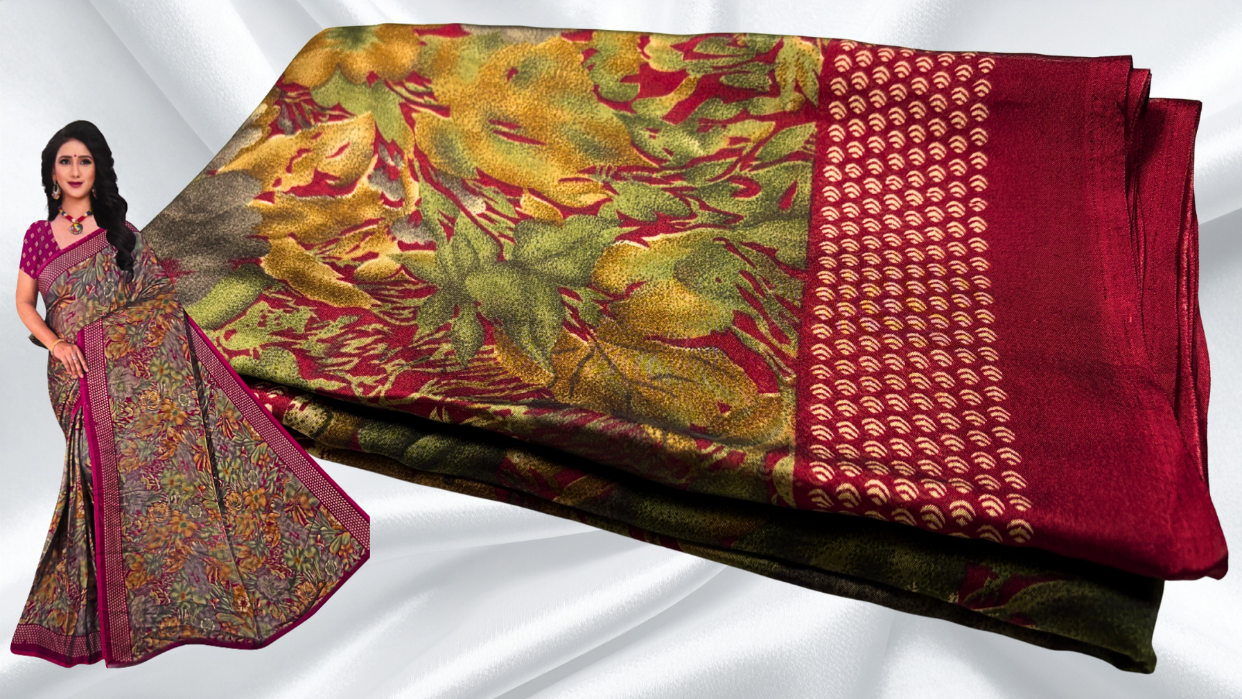 Black Rangoli Distort Floral Saree - Maroon