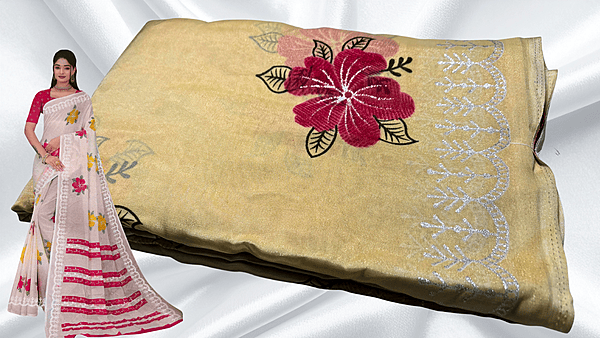 Suchitra Floral Silver Print Saree - Sandal