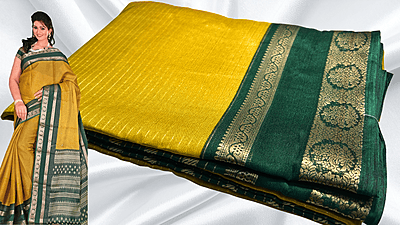 Fine Crep Gold Line Saree - Mustard & Green Fine Crep Gold Line Saree - Mustard & Green