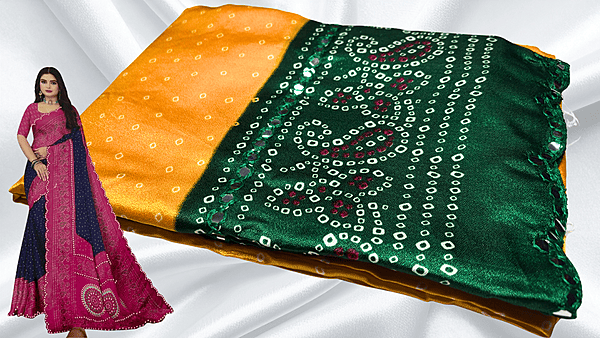 Bandhani Mirror Silk Saree - Mango & Pine