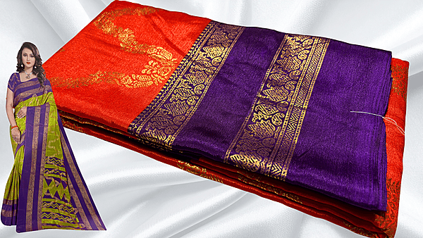 Mulberry Nechlace Gold Foil Saree - Rust Orange & Purple