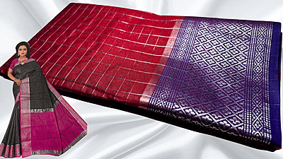 Fancy Jari Checks Silver Saree - Red Fancy Jari Checks Silver Saree - Red