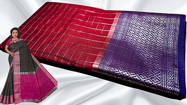 Fancy Jari Checks Silver Saree - Red