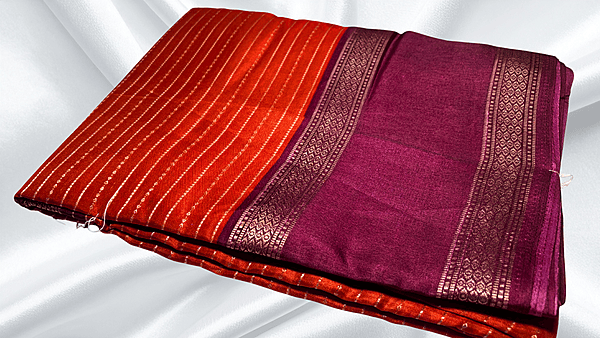 Falgunai Fancy Gold Line Saree - Rusty Orange