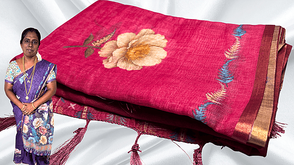 Sindoor Linen Cotton Floral Saree - Dark Pink