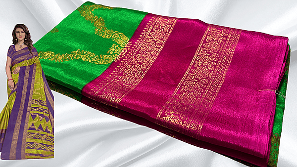 Mulberry Necklace Gold Foil Saree - Parrot Green & Pink