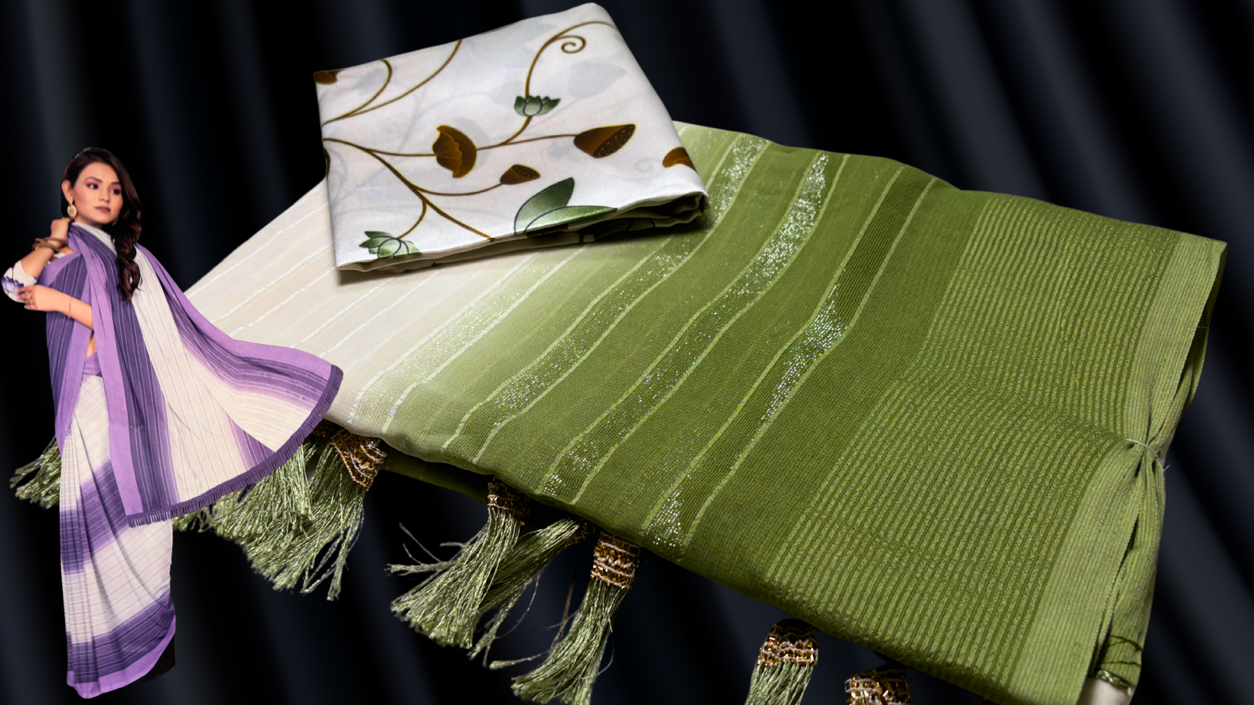 Saramita White Chiffon Silver Line Saree - Moss Green