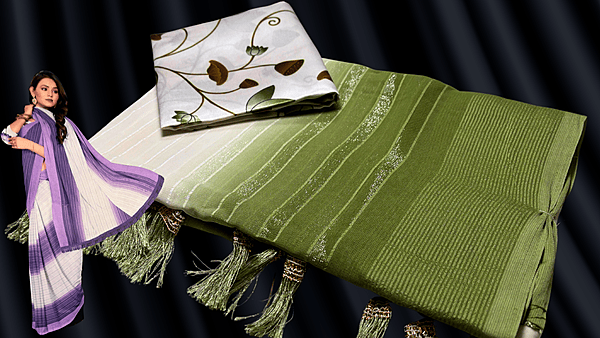 Saramita White Chiffon Silver Line Saree - Moss Green