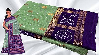 Bandhani Gold Foil Print Saree - Pista