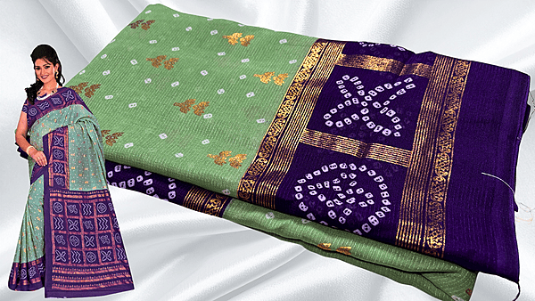 Bandhani Gold Foil Print Saree - Pista