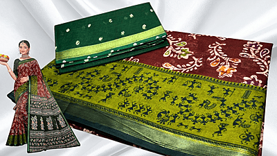 Golden Border Pure Cotton Saree - Red Brown & Pine Green