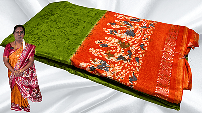 Rhythm Soft Bentex Silk Saree - Leaf Green & Orange
