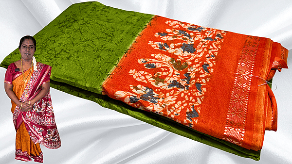 Rhythm Soft Bentex Silk Saree - Leaf Green & Orange