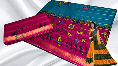 Batik Jari Pure Cotton Saree - Dark Blue & Pink