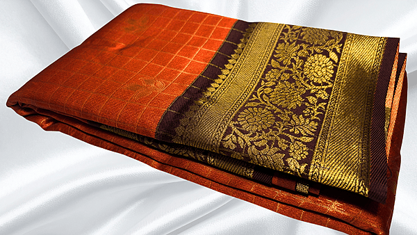 Rainbow Rusty Orange Silk Saree - Checks