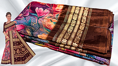 Gold Coin Viscose Digital Floral Foil Saree - Choco Brown
