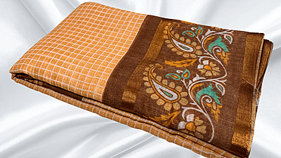 Bentex Cotton Digital Checks Saree - Cream & Brown Bentex Cotton Digital Checks Saree - Cream & Brown
