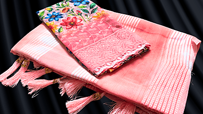 Colourful Silver Line Work Saree - Pink