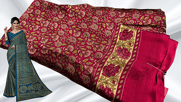 Rangoli Digital Floral Saree - Red Pink