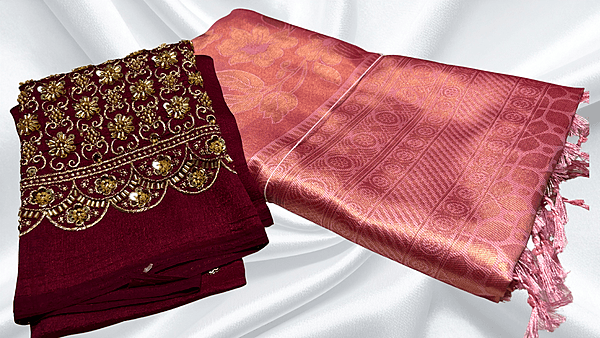 Sujatha Aari Work Blouse Silk Saree - Onion Pink