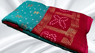 Summer Cool Gold Foil Saree - Turquoise & Red