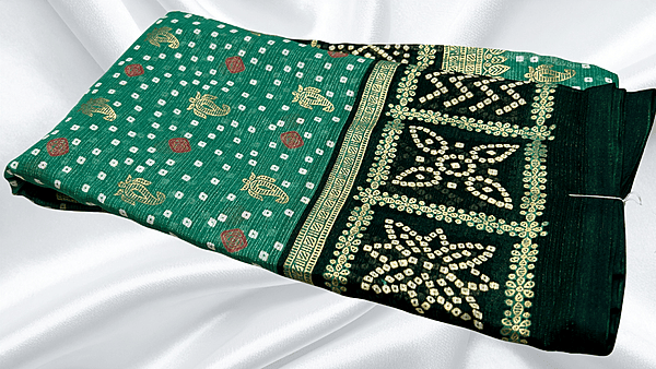 Zomato Soft Gold Foil Saree - Bottle Green