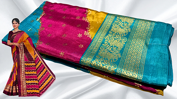 Turkey Rainbow Gold Foil Saree - Turquoise