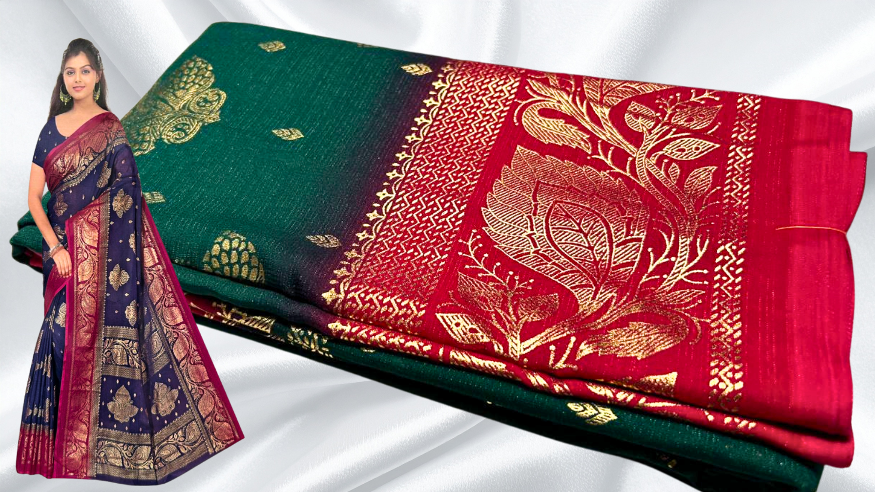 Bhumika Gold Foil Leaf Saree - Dark Green & Rani Pink Bhumika Gold Foil Leaf Saree - Dark Green & Rani Pink