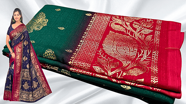 Bhumika Gold Foil Leaf Saree - Dark Green & Rani Pink