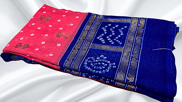 Sharlimi Soft Gold Foil Saree - Red Rose & Royal Blue