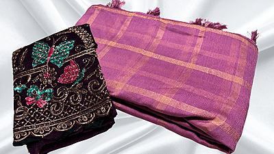 Peddi Georgette Gold Checks Saree - Plum Peddi Georgette Gold Checks Saree - Plum