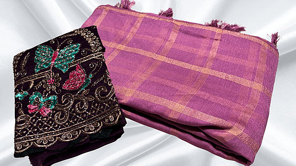 Peddi Georgette Gold Checks Saree - Plum