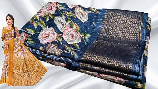 Kangan Soft Jari Floral Dola Saree - Dark Blue