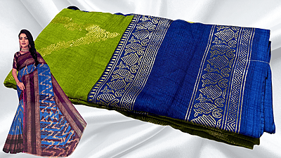 Madhubala Necklace Gold Foil Saree - Leaf Green & Ink Blue Madhubala Necklace Gold Foil Saree - Leaf Green & Ink Blue