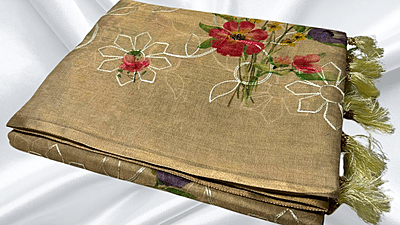 Tissue Silk Thread Work Aari Saree - Sandstone Beige