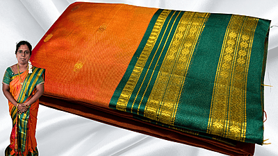 Retta Patta Kanchi Silk Saree - Orange & Pine Green