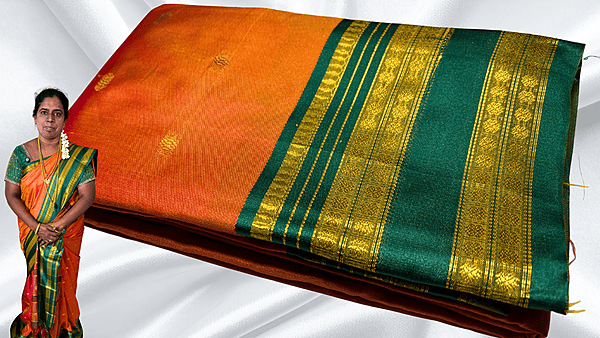 Retta Patta Kanchi Silk Saree - Orange & Pine Green