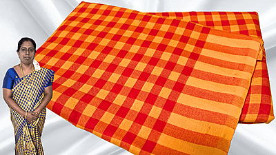 Jyotsna Soft Checks Cotton Saree - Red & Mango