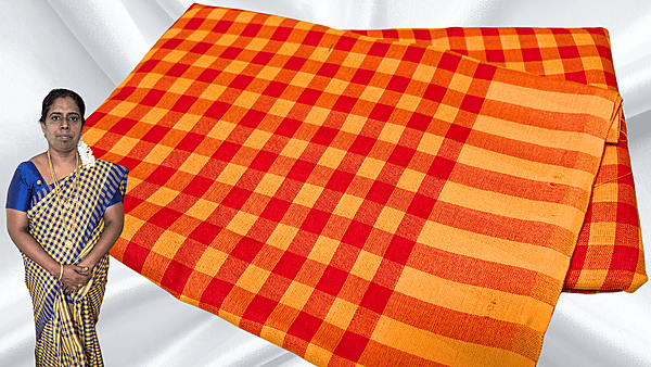 Jyotsna Soft Checks Cotton Saree - Red & Mango